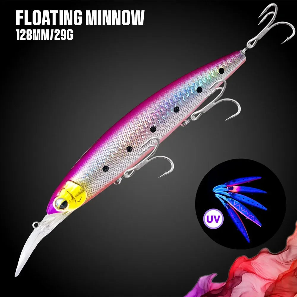 Ultra Long Casting Floating Wobbler Minnow Hard Bait 128mm 29g Flounder Sea Bass Saltwater Sea Fishing Lure Depth 0.8-5m