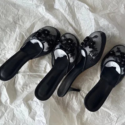 2026 Summer Spring Women Slippers for Woman Mesh Flower High Heeled Shoes Sexy Ladies Slip-On Non-Slip Round Toe Wedding Sandals