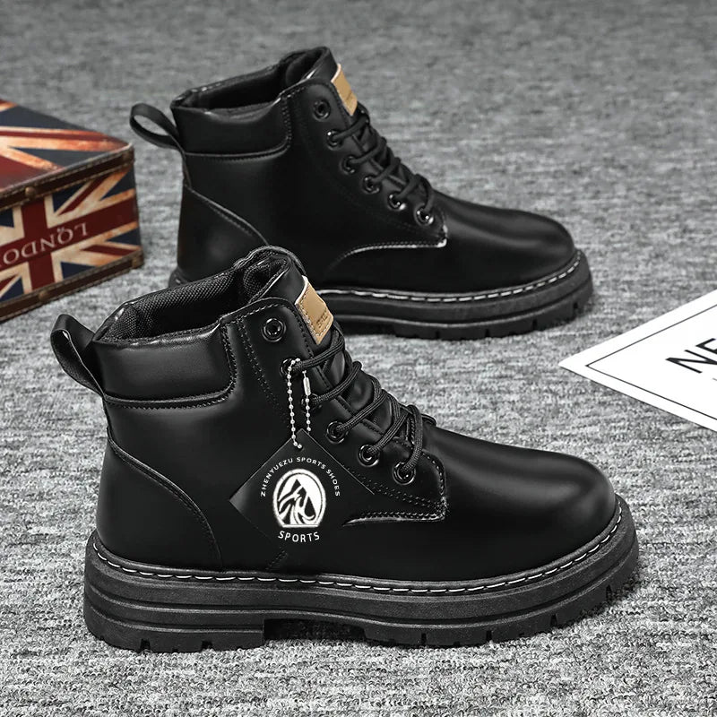 High Top Boots Men's Leather Shoes Fashion Motorcycle Ankle Boots for Men Winter Boots Man Shoes Lace-Up Botas Men Flat Sneakers