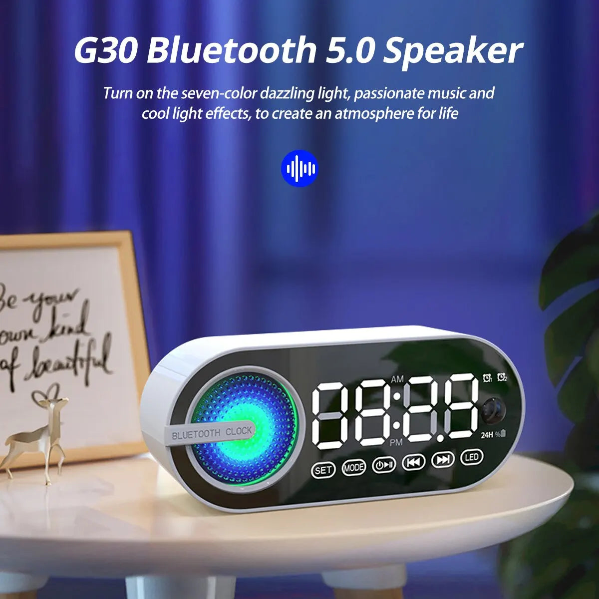 Mini Mirror Digital Alarm Clock Timer Rechargable Wireless Clock 2 Alarms FM Radio Wireless Speaker Subwoofer Desktop LED Clock