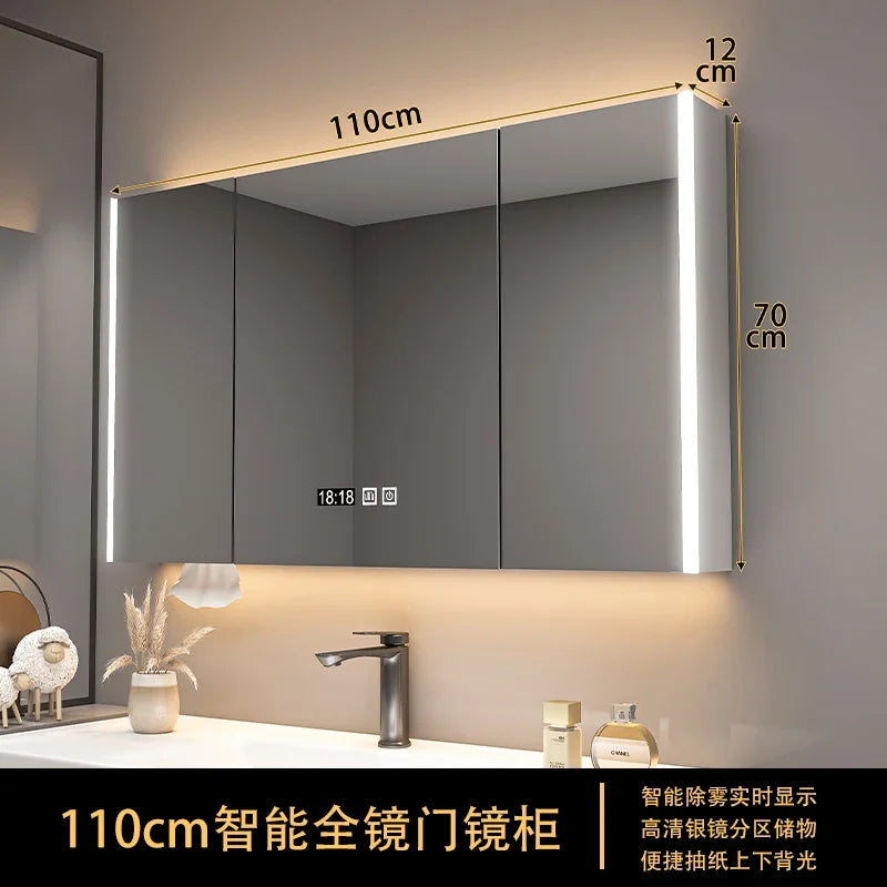 Bathroom Furniture Mirror Cabinet Modern Solid Wood Bathroom Smart with Light Defogging Beauty Mirror with Storage Locker
