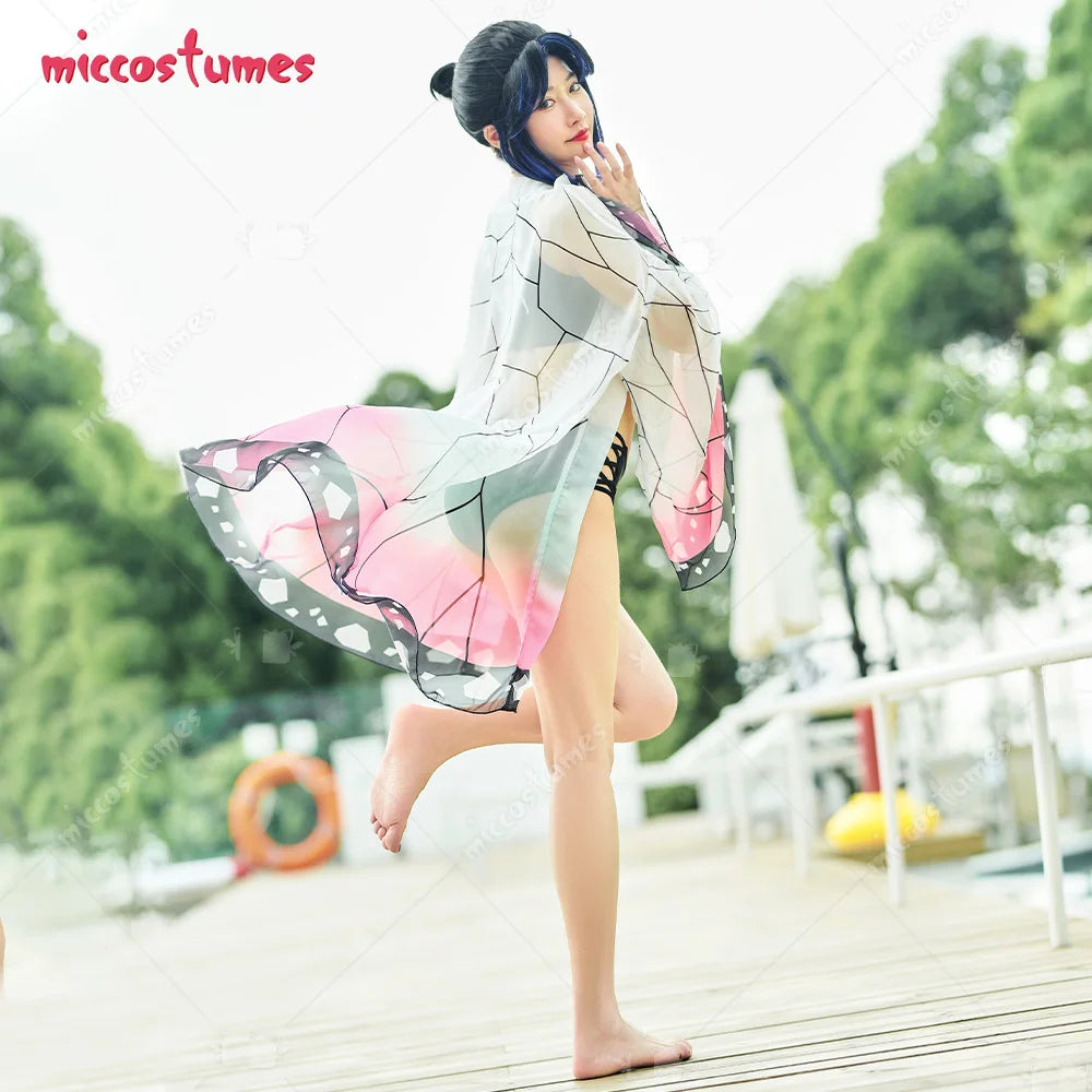 Women Bathing Suit  Two Piece Bathing Suit Swimwear with Strapped Butterfly-Printed Kimono Haori Cover Up