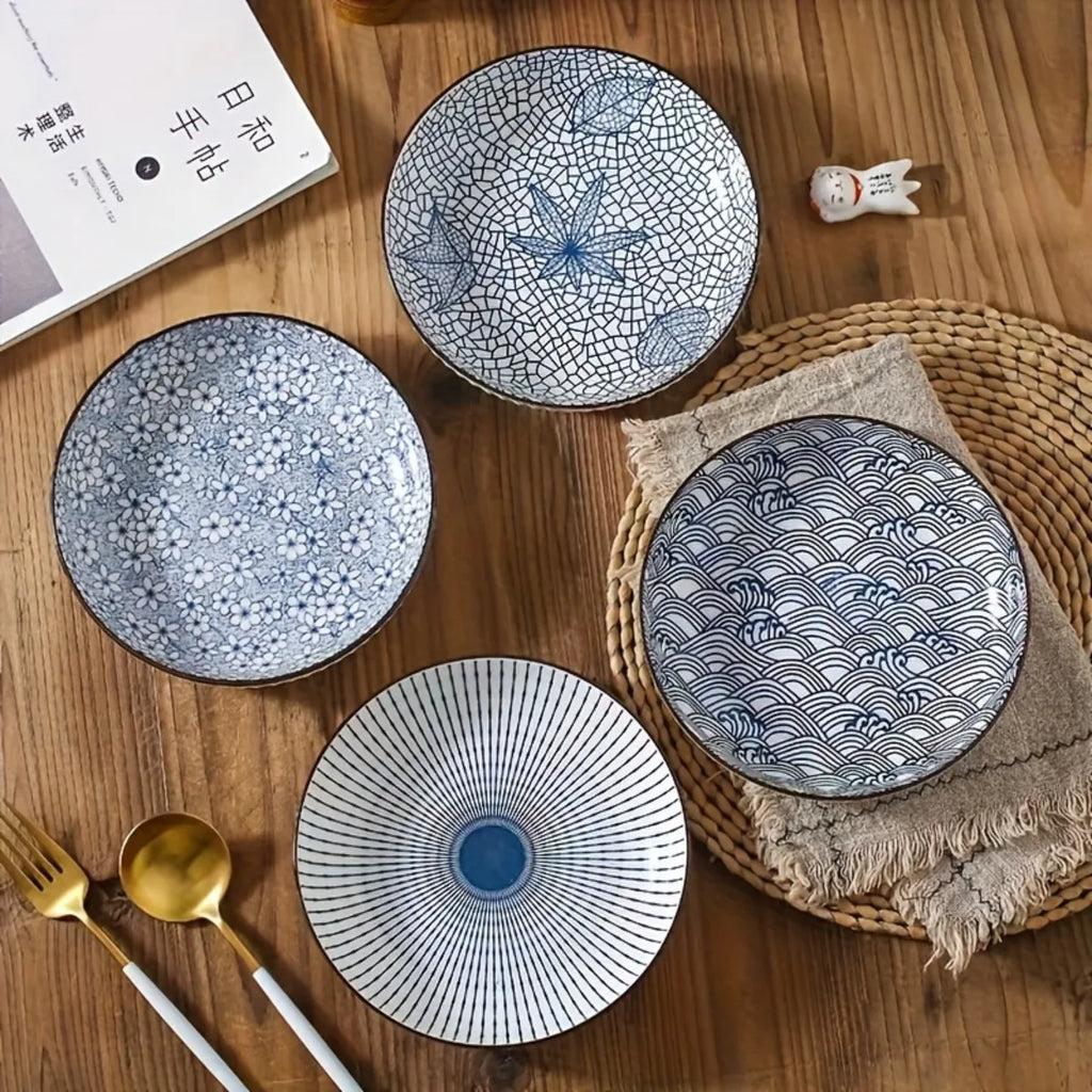 Set of 4 Ceramic Round Plates Bowls, Retro Design Serveware for Salad Dessert, Suitable for Halloween Thanksgiving Holiday Meals