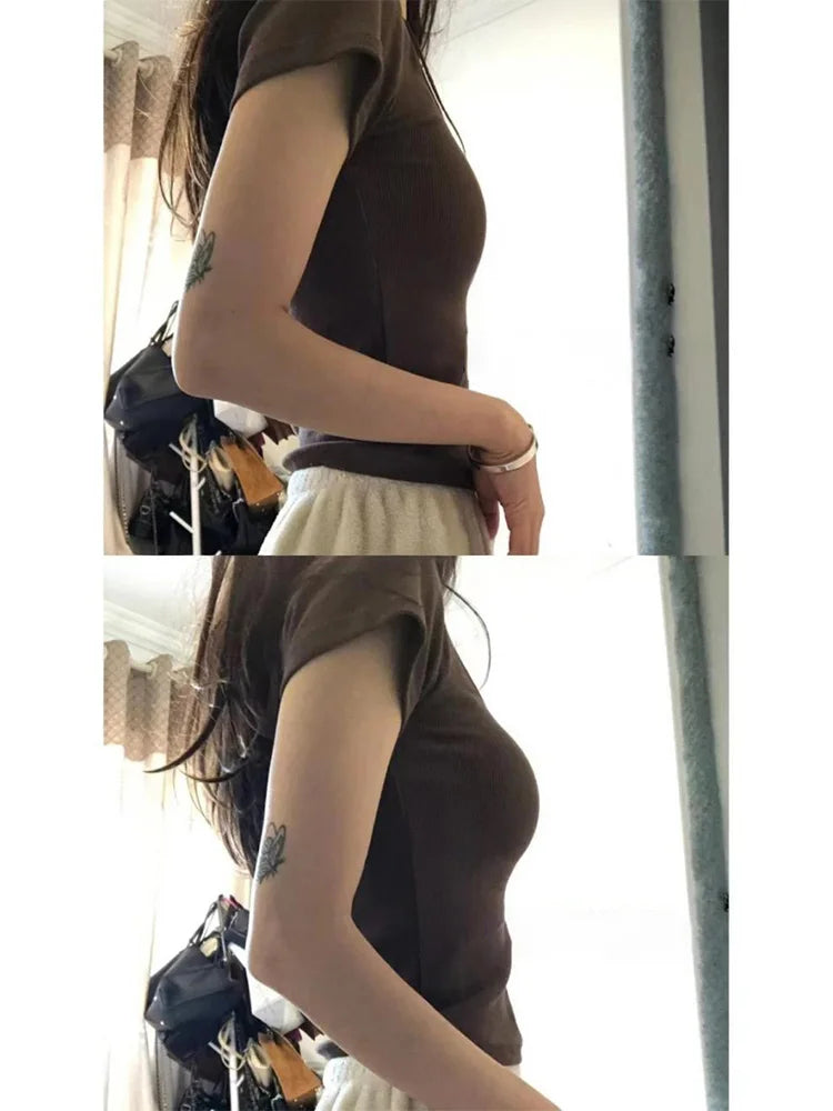 T-shirts Women Dark Brown Hotsweet Summer Vintage Slim Daily Streetwear Popular All-match Simple Korean Style Female Casual New