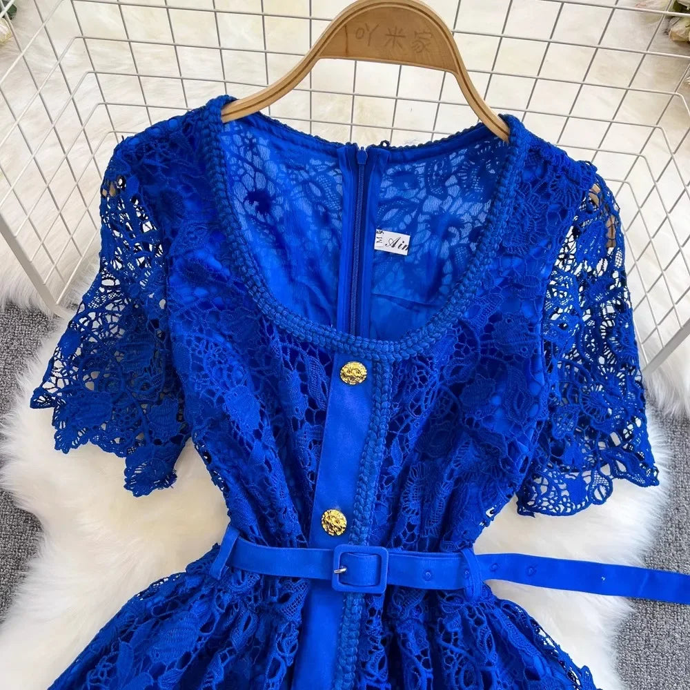 Summer Blue Lace Dress Women Hook Flower Hollow Golden Button Bodycon Vintage Clothing Square Neck Street Vestido Party
