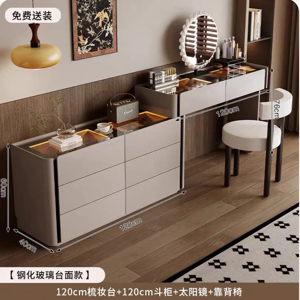 Modern Vanity Desk Dressing Vanity Table with Smart LED Mirror Luxury Makeup Set Includes Expandable Side Cabinet with 6 Drawer