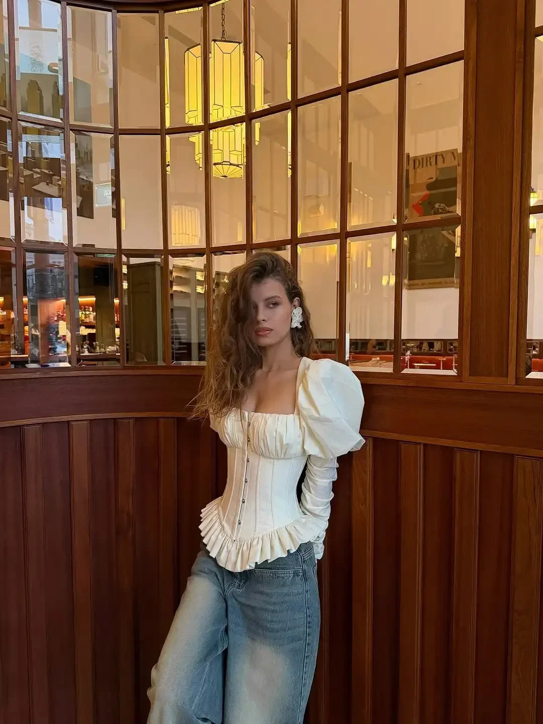 Casual Fishbone Bubble Sleeves Women Square Neck Top Puffed Backless Pleated Short Slim Blouse Lady Club Party Tops 2026 Spring