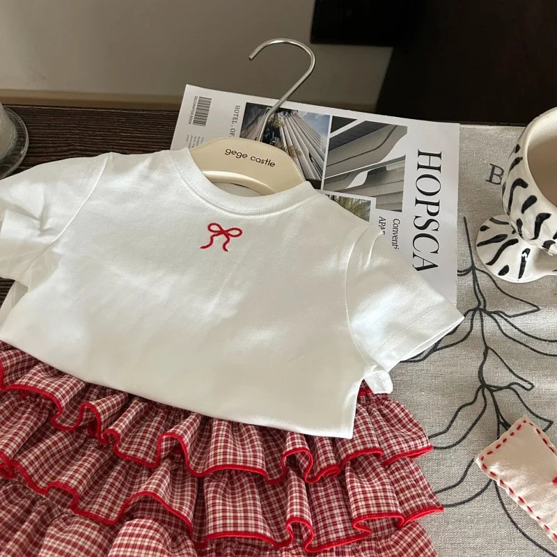 Korean children's clothing 2025 new summer girls' bow white T-shirt children's checkered cake skirt pants two-piece set