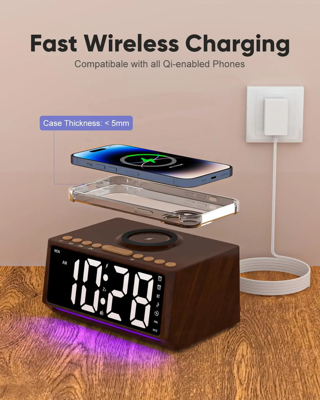 Retro Wooden Digital Alarm Clock Large Display with FM Radio, Bluetooth Speaker, Wireless Charger Station for cell phone
