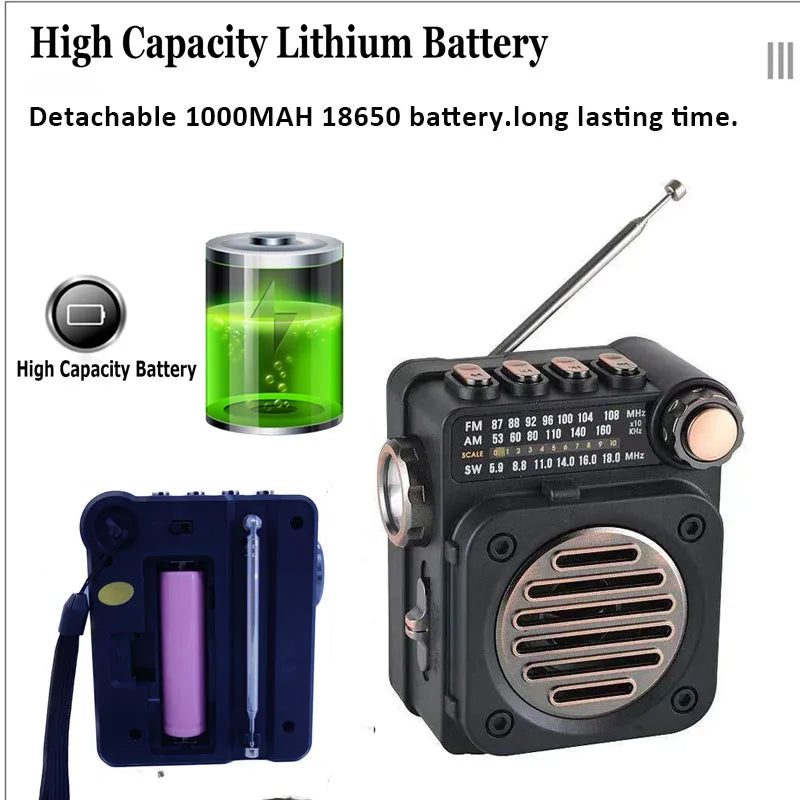 FM AM SW Stereo Radios Portable Pocket Mini Radio Receiver Multifunctional Wireless Bluetooth Music Player with LED Flashlight