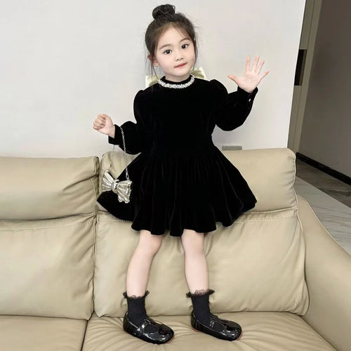 2-7Y Korean Childrens Clothing 2025 Autumn New Black Bow Velvet Dress Girl Princess Dress Girls clothes kids Clothes