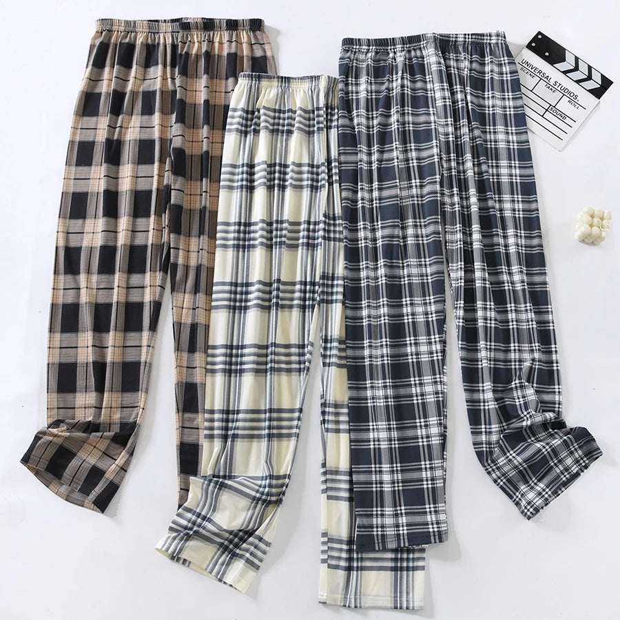 Good-Looking Men's Pajama Pants for Spring, Autumn, and Summer, Thin Long Pants, Plus Size, Loose Plaid Home Pants for Middle-Aged Dads