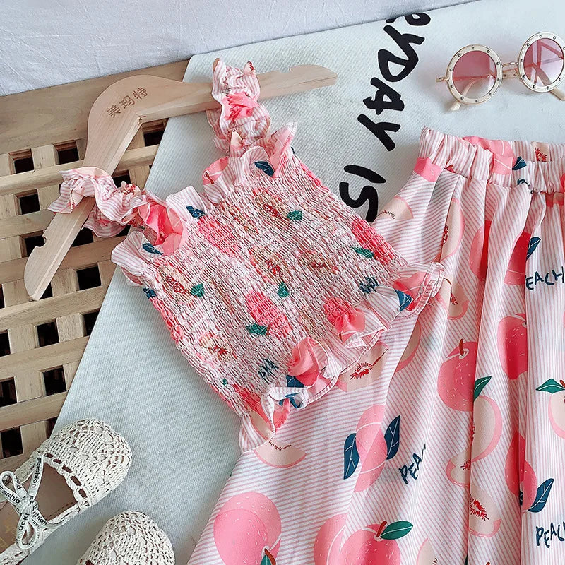 Kids Clothes Girls Summer Fashion Fruit Printed Slim Fit Camisole Top+Umbrella Skirt Sets Children's Daily Casual Wear