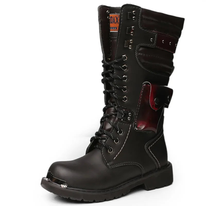 Men Knee High Leather Boots Winter Male Motorcycle Boots Gothic Punk Shoes Mens Outdoor Military Casual Tooling Boots Man