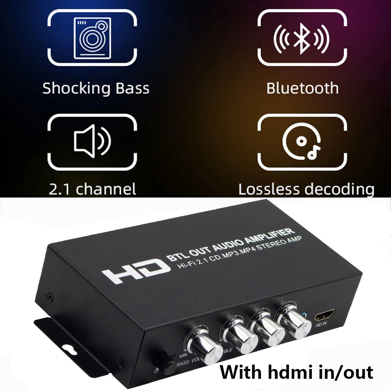 2.1CH 80W×2(L/R)+80W(sub)  Class D Stereo Digital Audio Amp with Subwoofer HDMI Output forcar/marine/outdoor passive speakers