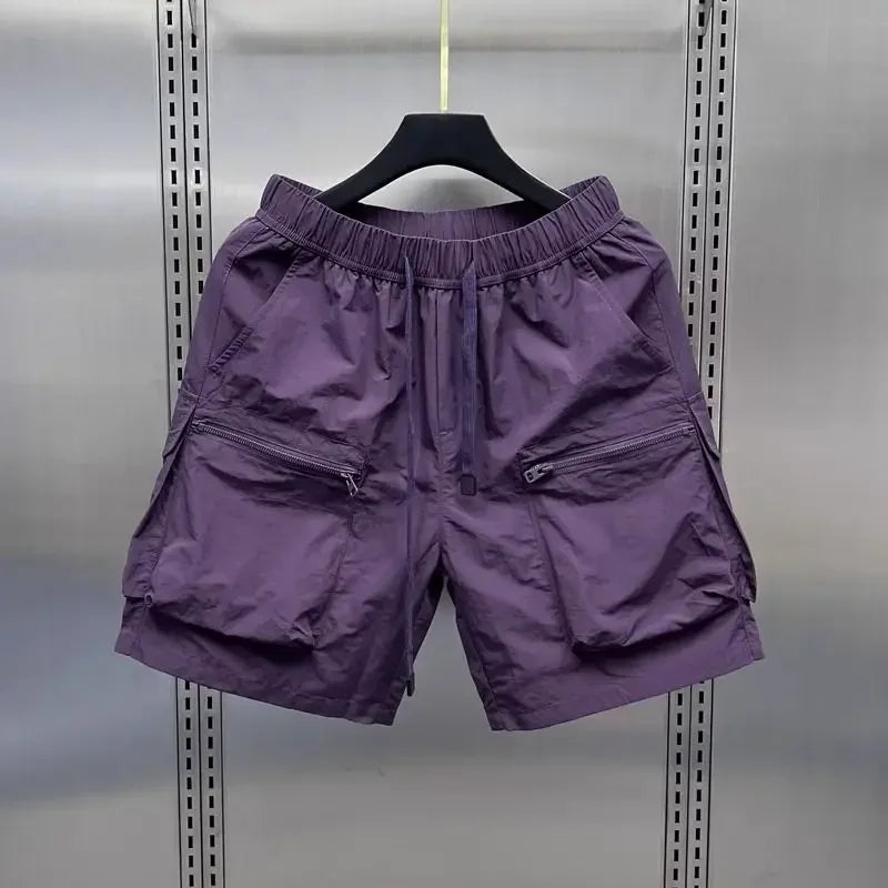 Men's Retro Multi Pocket Cargo Shorts Summer Thin Loose Straight Casual Outerwear Capris Solid Color Drawstring Short Pants