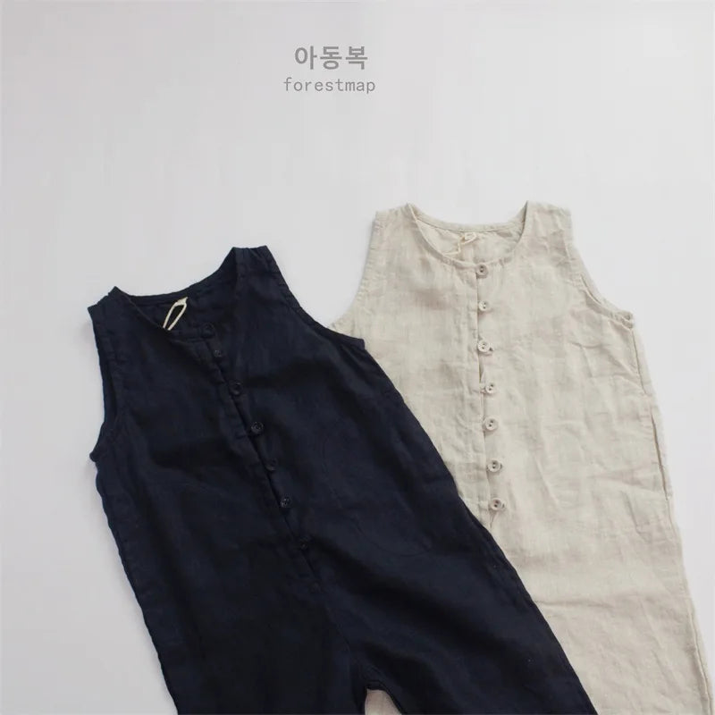 Children Clothing Kids Jumpsuit Linen Overalls Loose Sleeveless Rompers Solid Color Casual Simple Kids Clothes