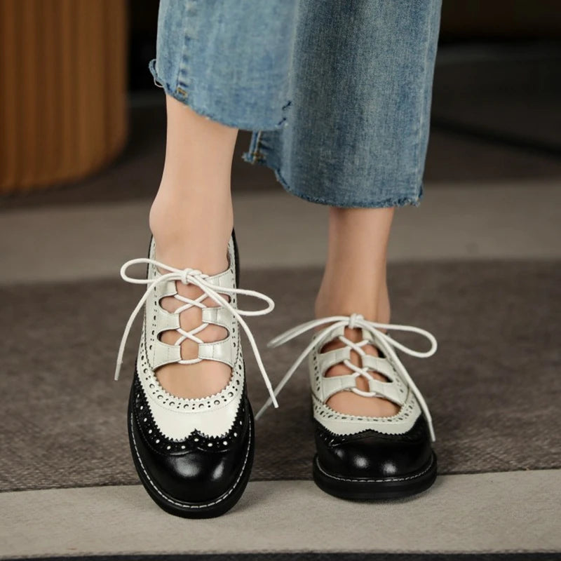 Oxford Shoes Women Split leather Shoes for Women Spring/Autumn Women Loafers Summer Brogues Vintage Lace-up Shoes Women Pumps