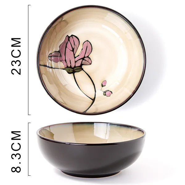 Ceramic hand-painted flowers creative dish plate Japanese tableware household fish plate round fruit plate kiln change rice bowl