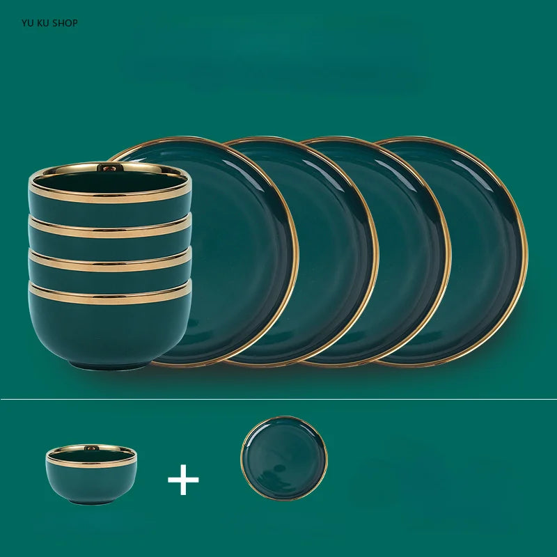 Gold Edging Green Porcelain Plates Food Dinner Set Dishes Salad Soup Bowl Ceramic Plates Bowls Luxurious Tableware Set