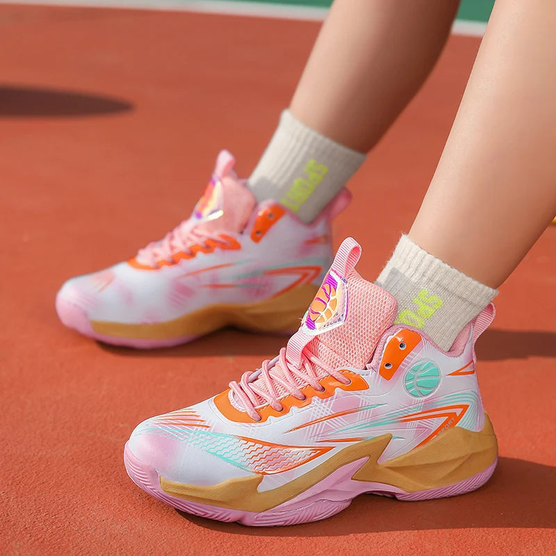 Girls Basketball Sneakers High Top Design Breathable Non Slip Anti Twist Sole Athletic Shoes for Kids Training and Casual Wear