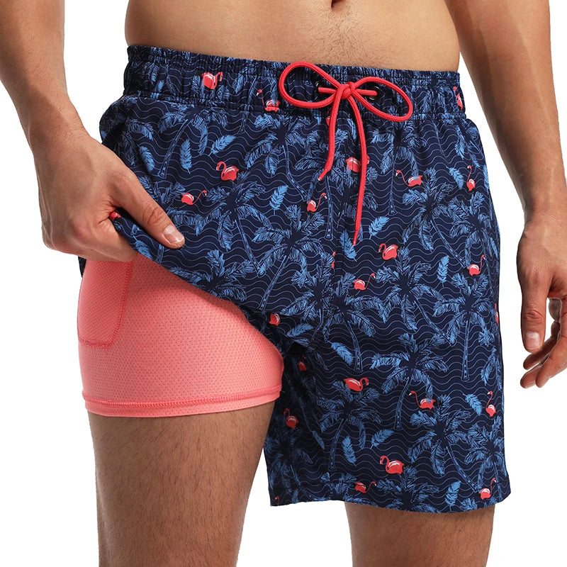 ESCATCH 2026 Summer New Style Mens Shorts 2 in1 Fitness Printing Traje De Baño Hombre Long Lining With Zipper Pockets Swimsuit