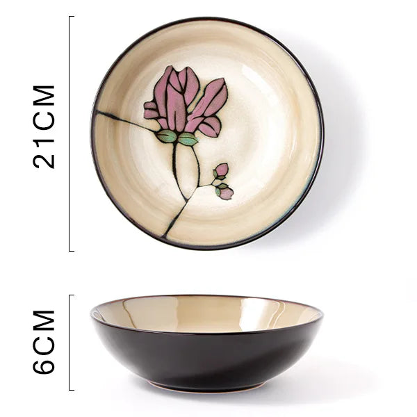 Ceramic hand-painted flowers creative dish plate Japanese tableware household fish plate round fruit plate kiln change rice bowl