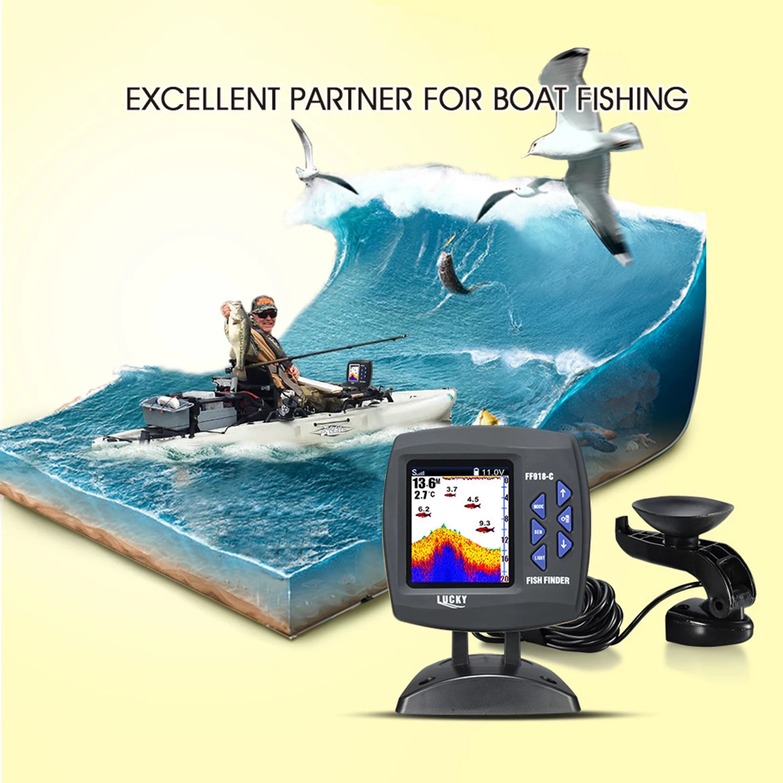 Fish Finder Wired Transducer Sensor Fishfinder 45-Degree Underwater Fishing Camera Waterproof Monitor LCD Fishfind Fish Detector