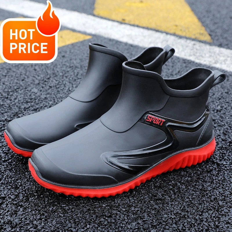 Men's Short Rain Boots Anti-slip Work Rubber Shoes Soft Bottom Fishing Boots Waterproof Hunting Water Shoes Fashionable Round...