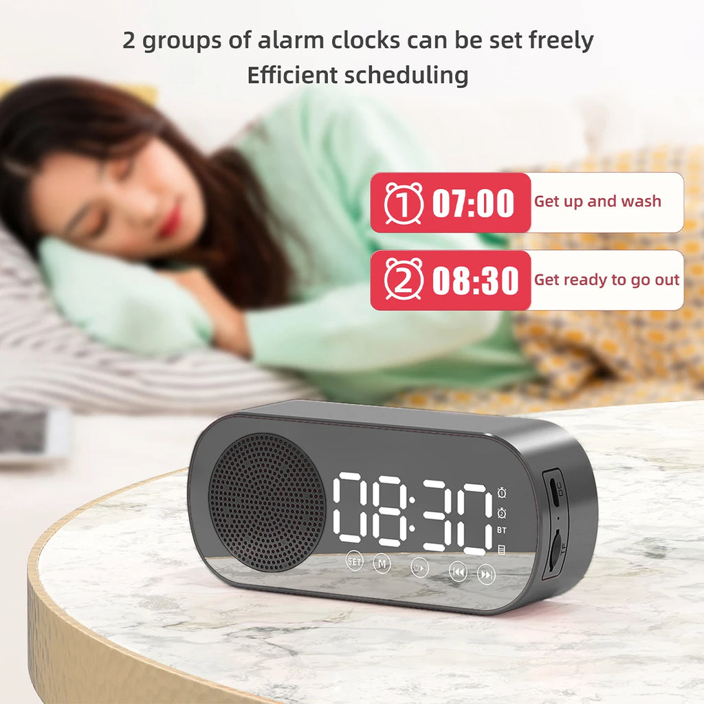 Digital Alarm Clock Bluetooth 5.0 Speaker LED Display Mirror Desk Alarm Clock with FM Radio Support TF Card Play for Home Office