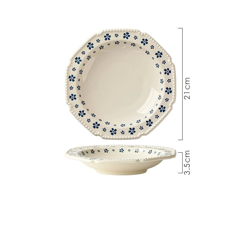 1PC Ceramic Tableware Retro Blue Cherry Blossom Household Rice Bowl Vegetable Plate Niche Bowl Set  Cute Bowl