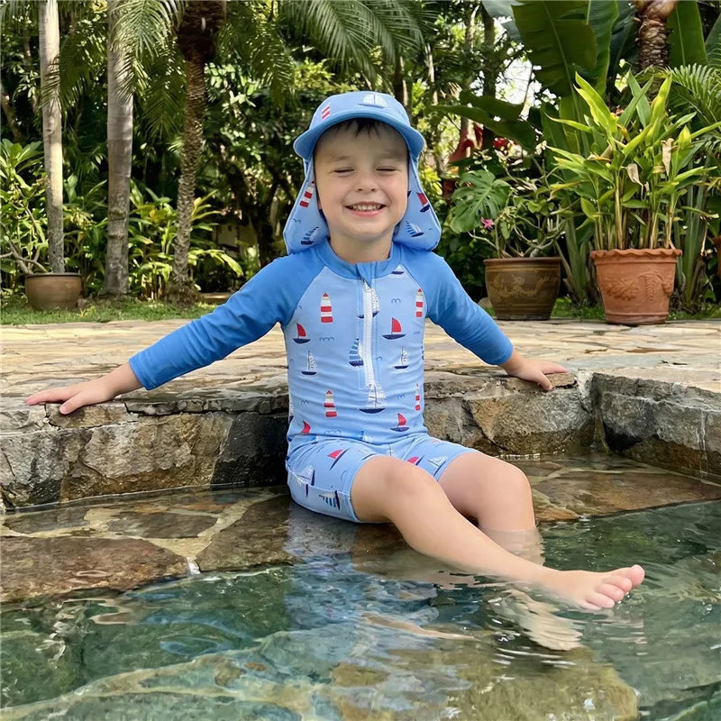 0-5years Toddler Baby Boys Swimsuit Set Sailboat/Shark Print bathing suit Upper Zipper Rash Guard Swimwear for toddler boys