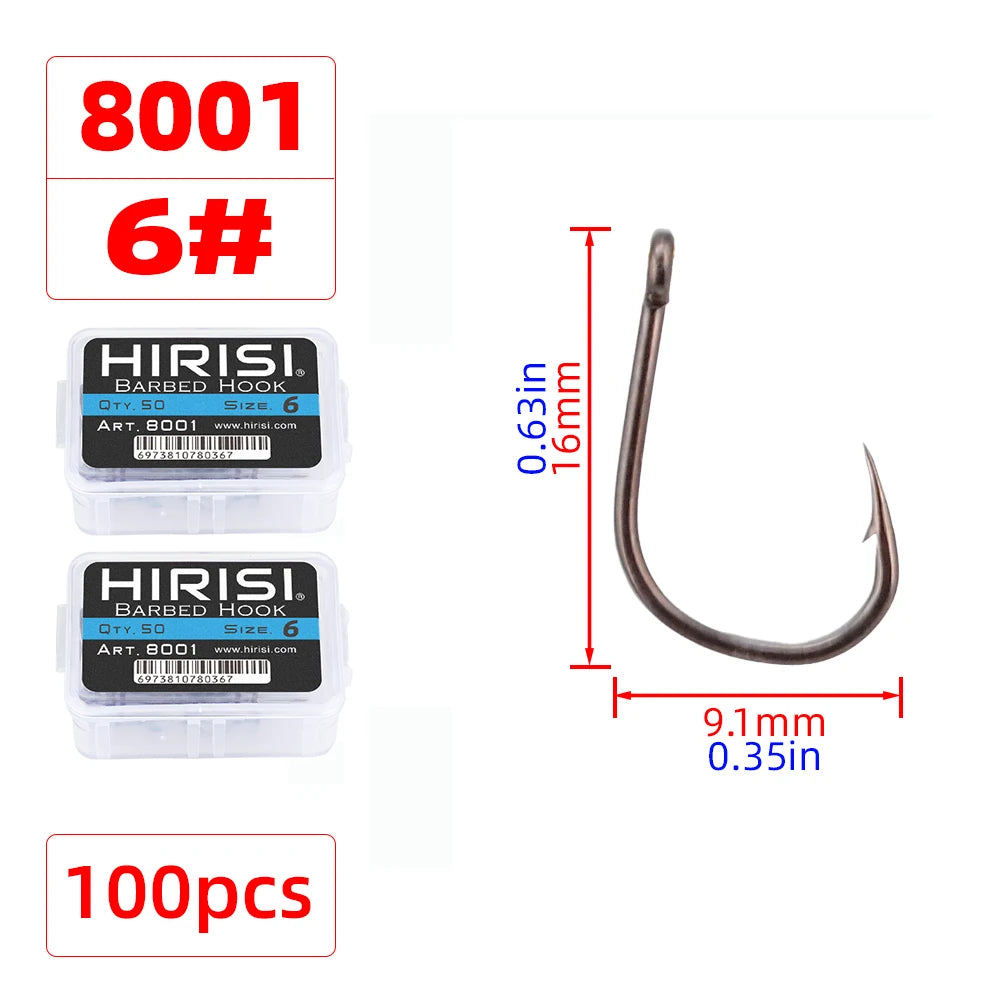 Hirisi 8001 100Pcs Fish Hook  PTFE Coated High Carbon Stainless Steel Anti-Rust Sharp Barbed With Eye Fishing Accessory