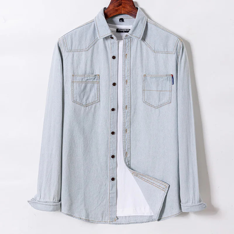 New Jeans Shirts Men Cotton Long Sleeve Button Front Pocket Casual Street Wear Slim Fit Denim Dress Spring Autumn Youth Clothing