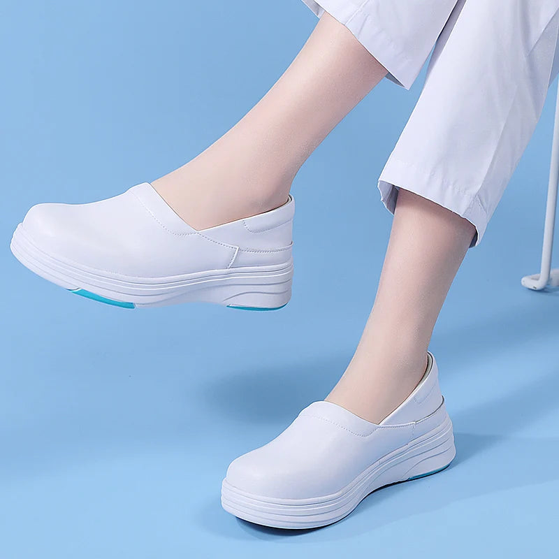 Women Nurse White Shoes Waterproof Comfortable Walking Shoes Breathable Female Footwear Platform Lightweight Slip-On loafers