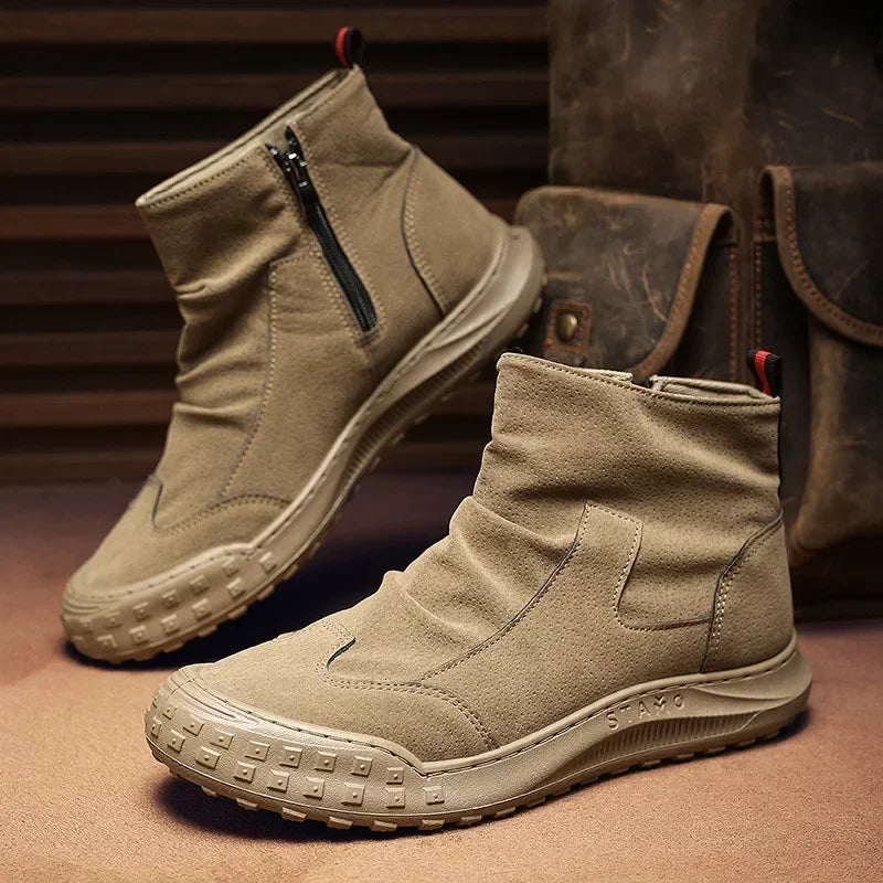 Men's Boots High Cut Workwear Shoes Autumn  Flat Zipper Pleated Non Slip Comfort Thick Soled Wear-resistant Fashion Boots