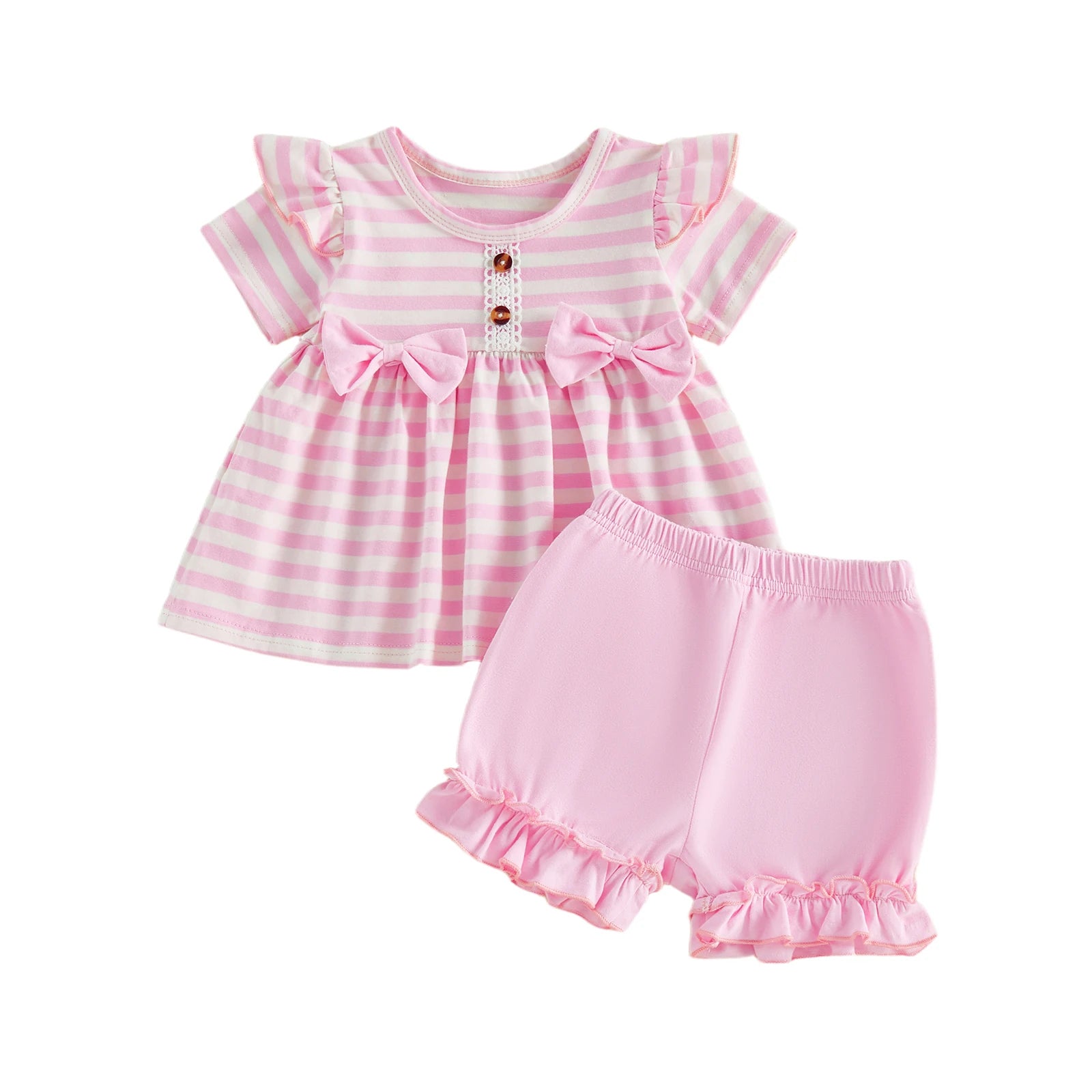 Kids Girls Summer Clothing Sets Short Sleeve Crew Neck Striped Bowknot T-shirts with Ruffles Shorts Holiday Casual Outfits