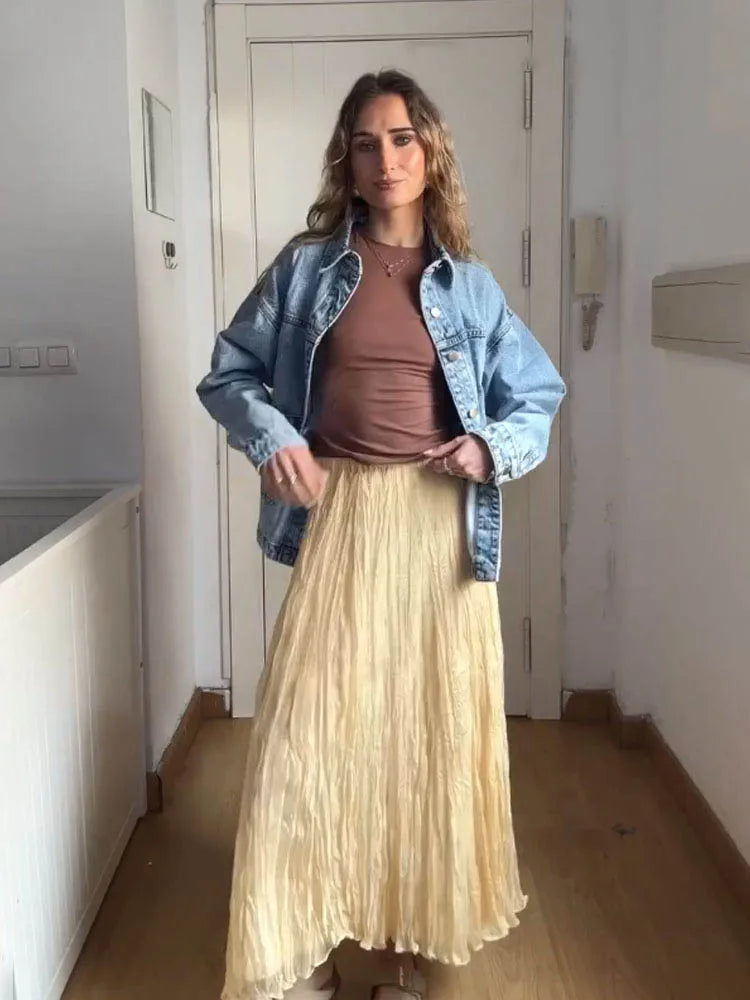 HH 2025 Women Summer New Solid A-Line Midi Skirt Female Casual Pleated Button Crease Effect Trendy Elastic Waist Skirts