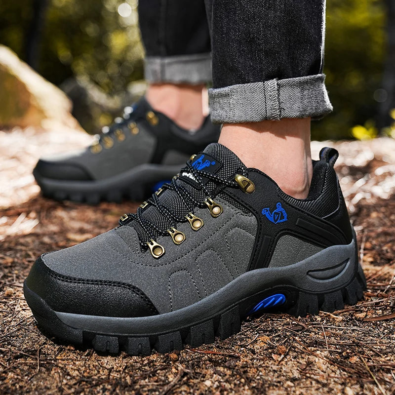 Men's Outdoor Lightweight Leather Patchwork Work Boots Durable Lace-Up Hiking Shoes for Construction Site And Mountain Climbing