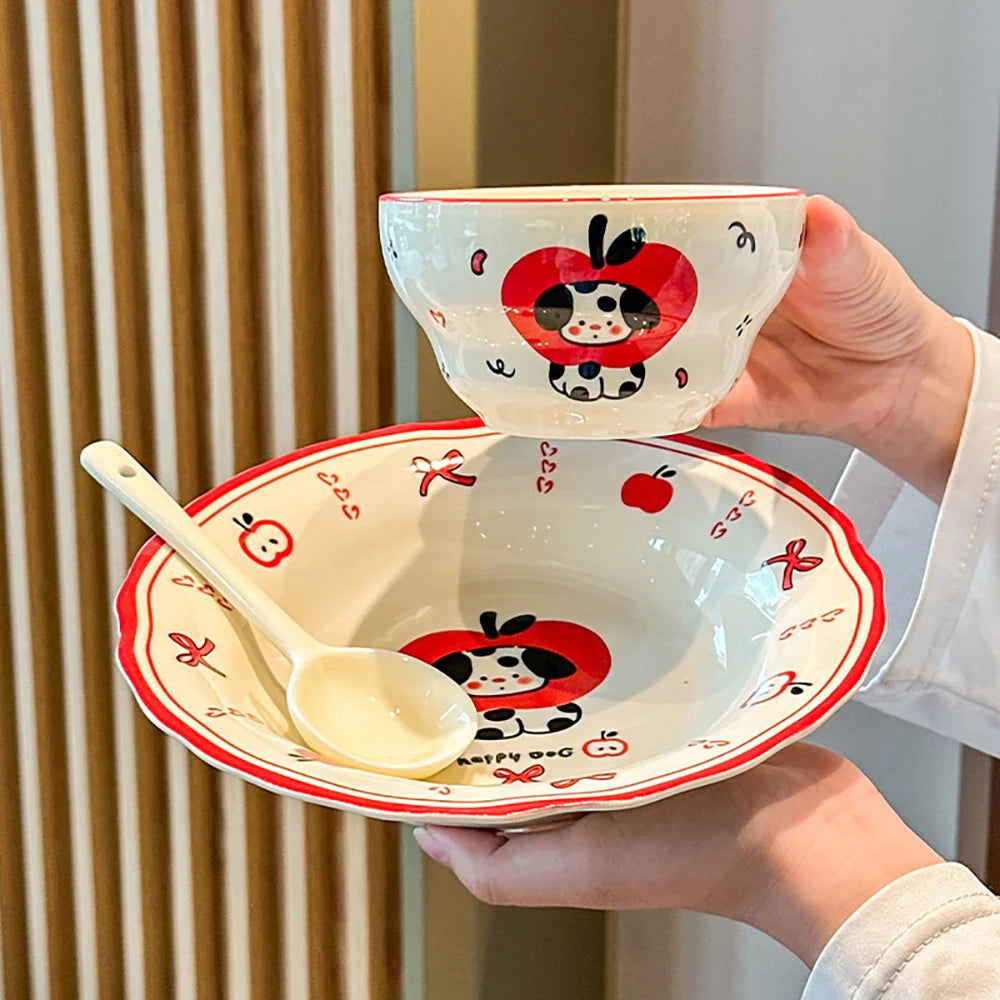 Cartoon Dog Pattern Ceramic Bowl Plates Home Kitchen Tableware Under-Glazed Color Porcelain Dining Bowls Restaurant Dinnerware