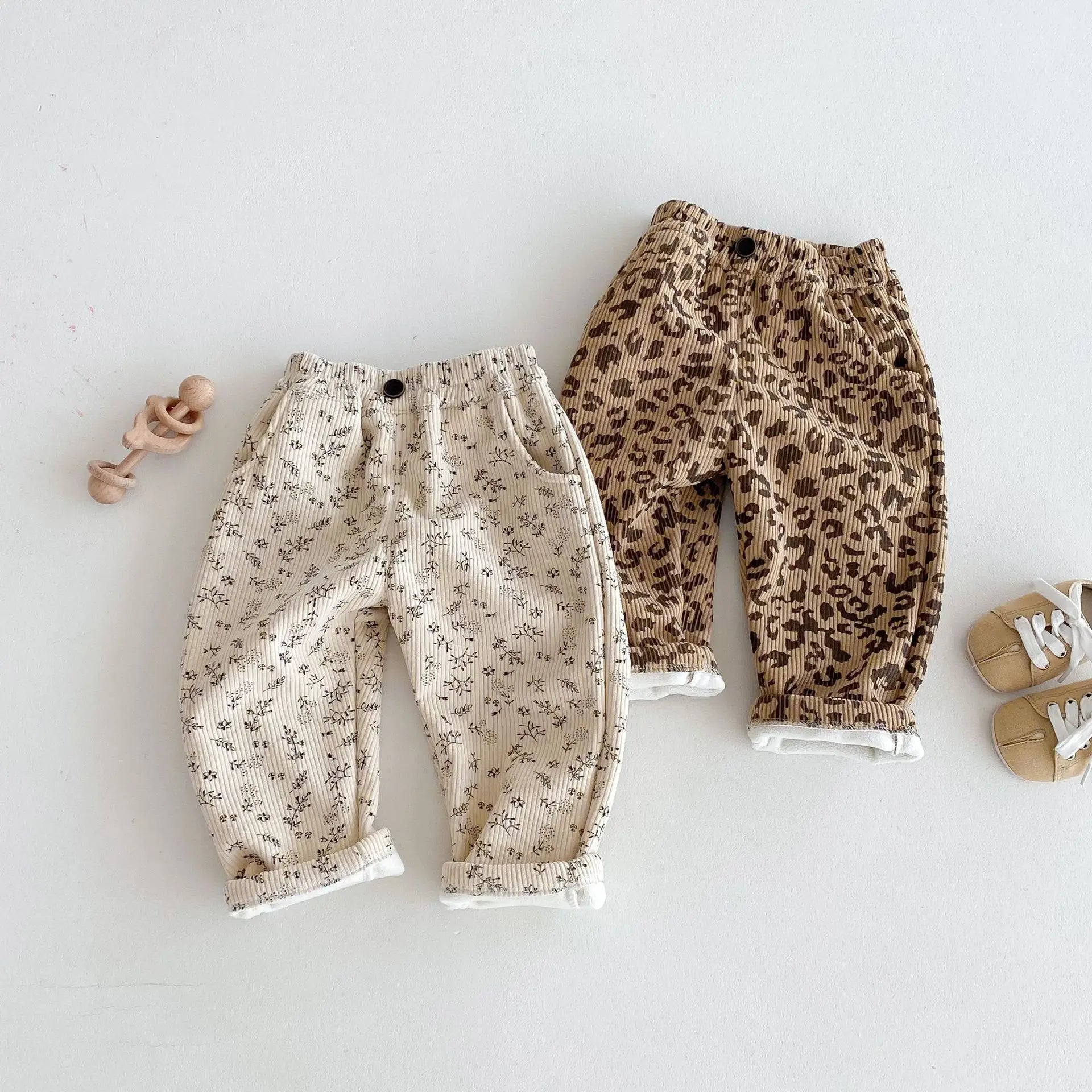 Korean Children's Clothes 2025 Winter Pants Kids Corduroy Floral Print Fleece Lined 0-5Y Baby Boys Girls Warm Winter Trousers