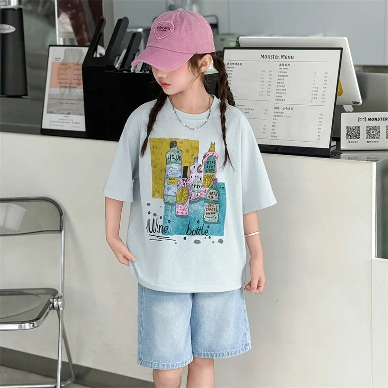 Kids Luxury Clothes Set for Girls from 5 to 14 Years Summer Suit Children Print T-shirt Shorts Two Pieces Outfit Clothing Set