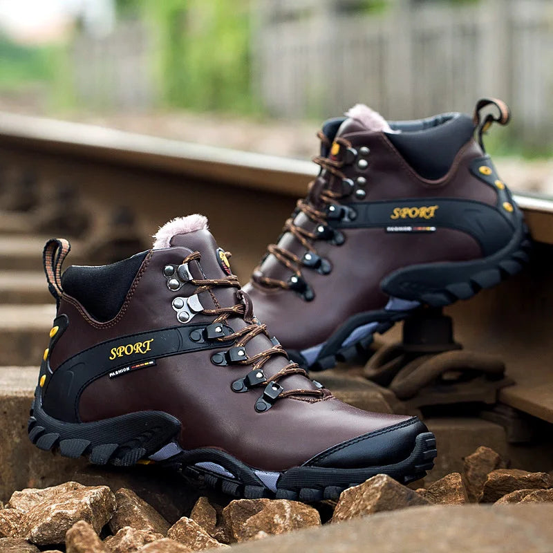 Mens Hiking Boots Leather Comfort Outdoor Anti Slip Trekking Shoes Super Warm Winter High Top Lace Up Casual Snow Boots for Men