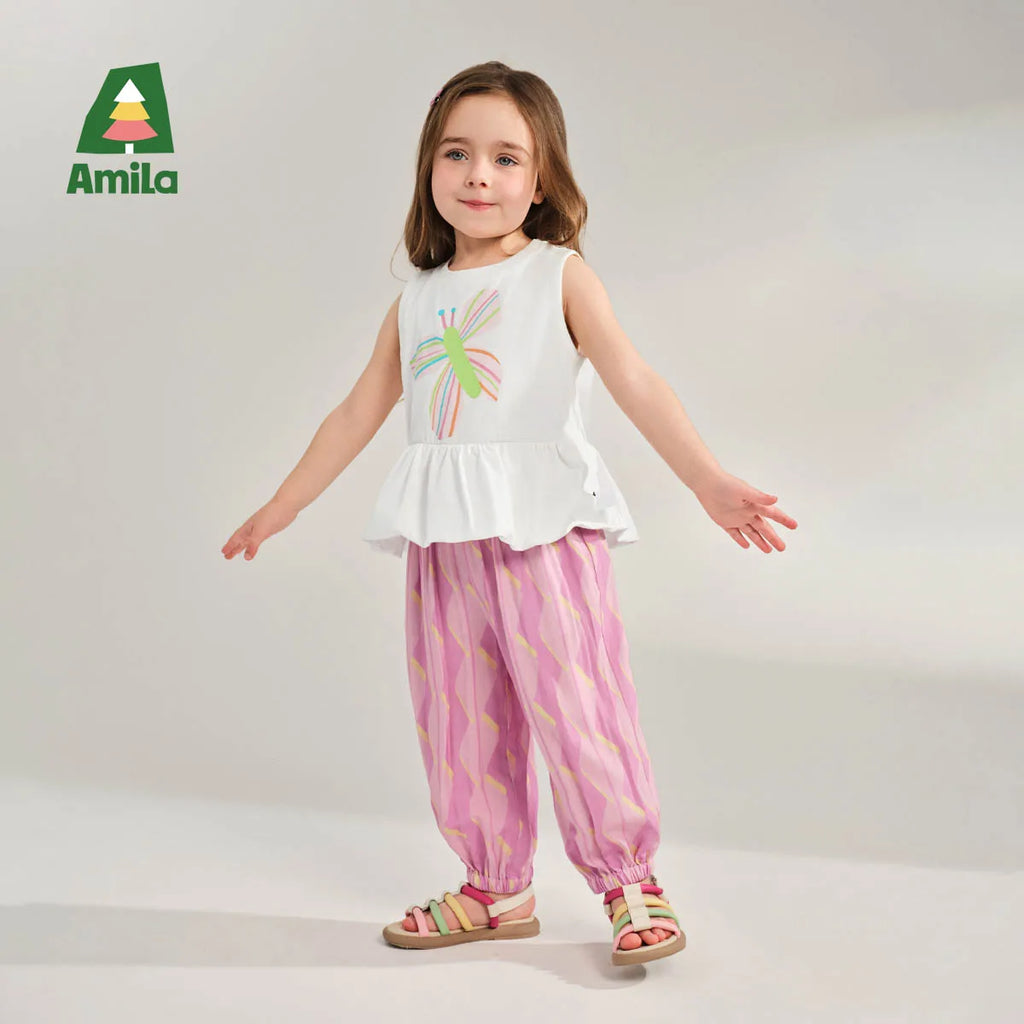 Amila Baby Pant 2026 Summer New Casual Fashionable Comfortable Breathable Fully Printed Contrasting Color Binding Feet Clothing