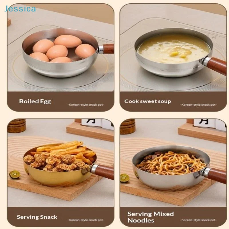 ♥Stainless Steel Cooking Pans with Wooden Handle & Glass Lid - Multi-Purpose Small Pots for Noodles/Eggs