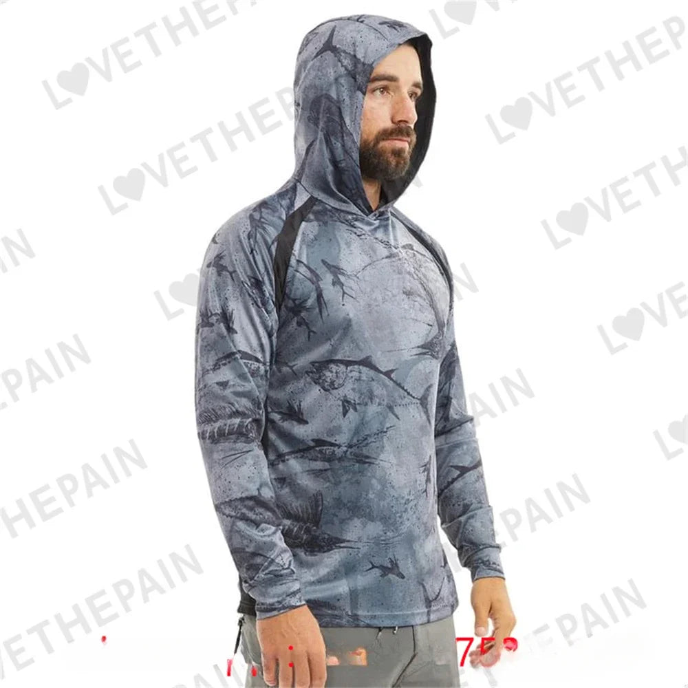 Fishing Apparel Summer Outdoor Men Long Sleeve T Shirt Fish Shirt Sun Protection Breathable Hooded Angling Clothing