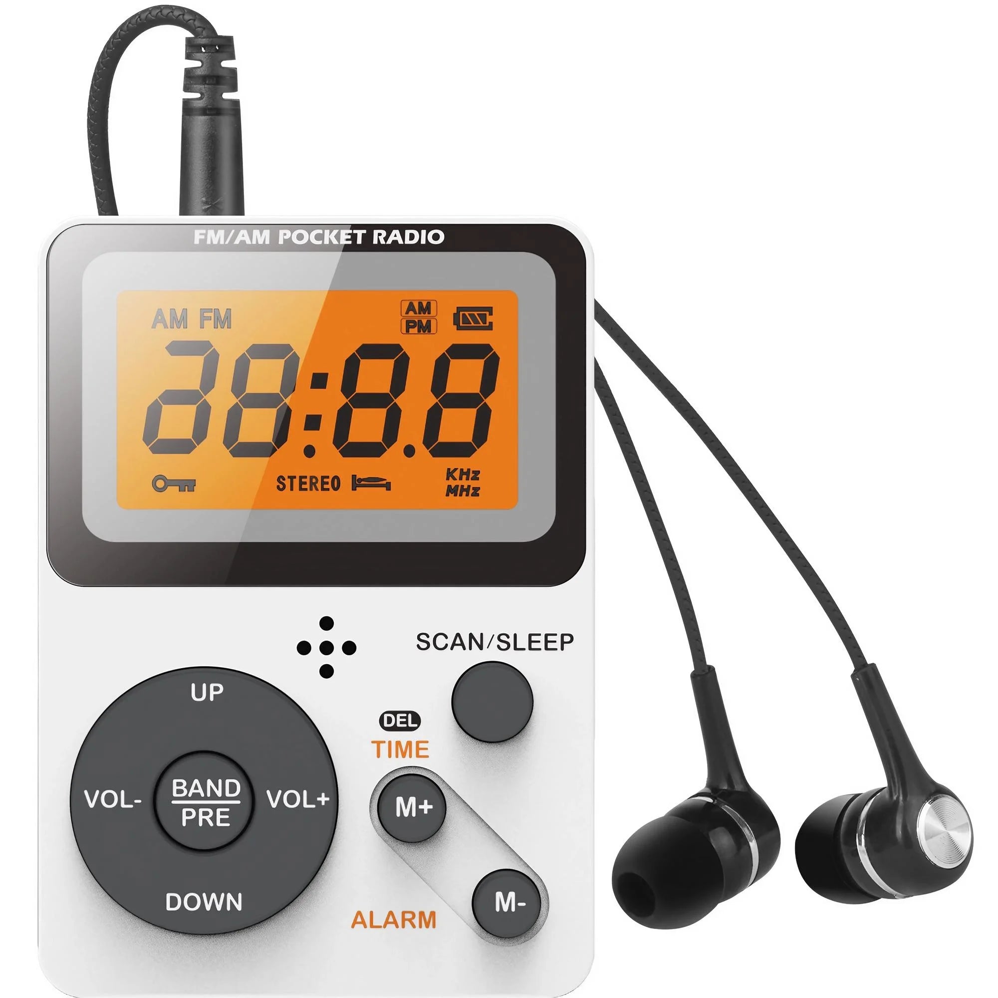 Portable AM FM Radio - Personal Pocket Radio with LCD Screen, Stereo Earphone Jack, Sleep Timer, and Alarm Clock for Outdoor