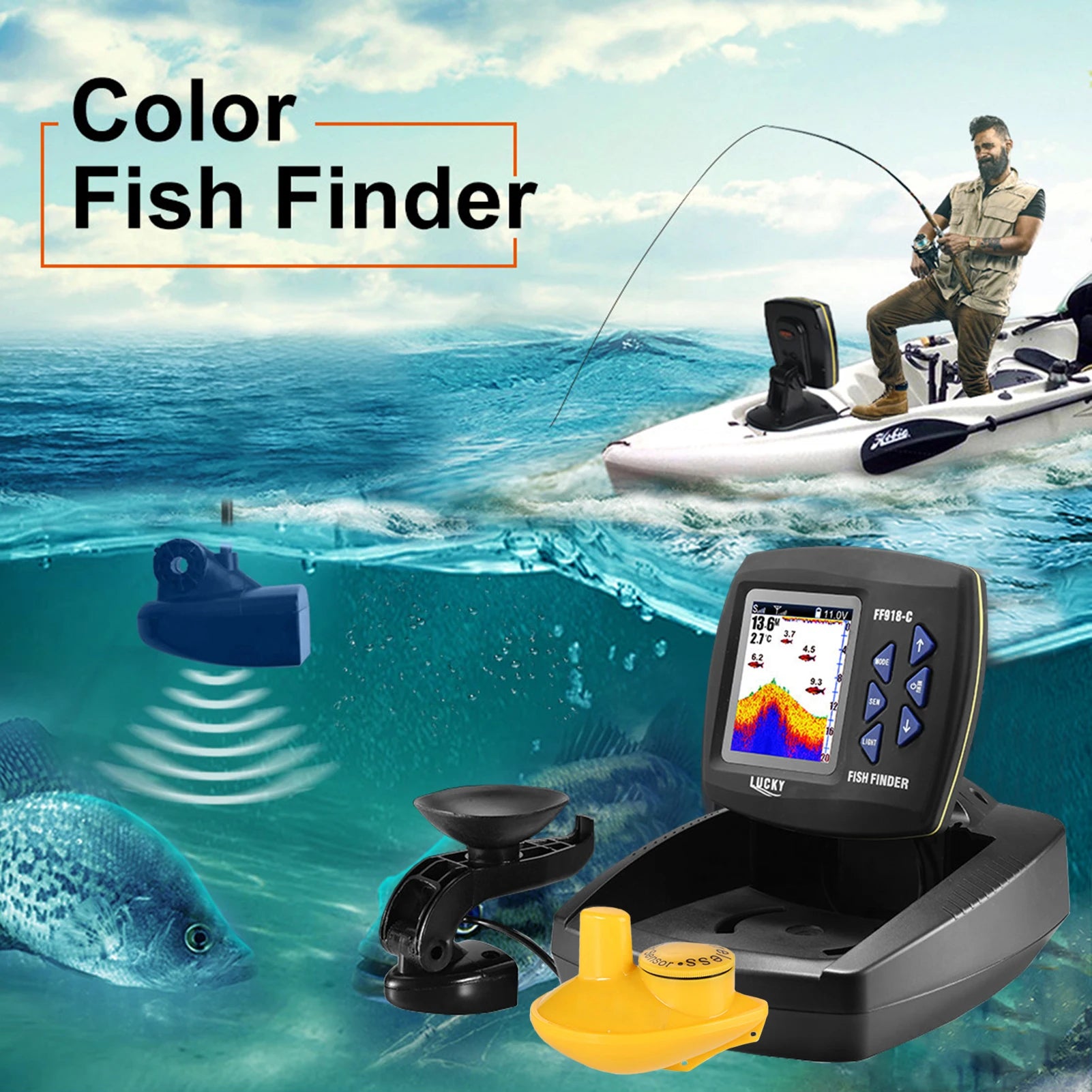 Portable Fish Finder Wireless Sonar Sensor Fishing Depth Finder Locator Fishfinder with Wired Transducer for Boat Kayak Fishing