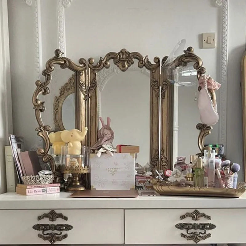 vanity mirror desktop  retro bedroom vanity mirror tri-fold desktop special-shaped folding mirror