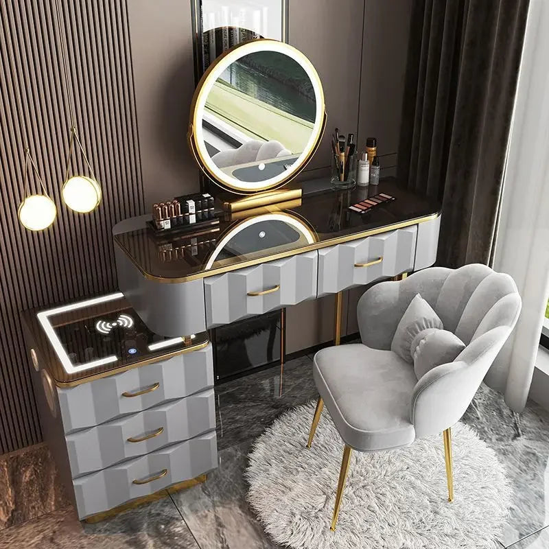 Makeup Vanity Desk with Wireless Charging Station and Bluetooth Speaker, Dressing Table with Tempered Glass Desktop,Vanity Set